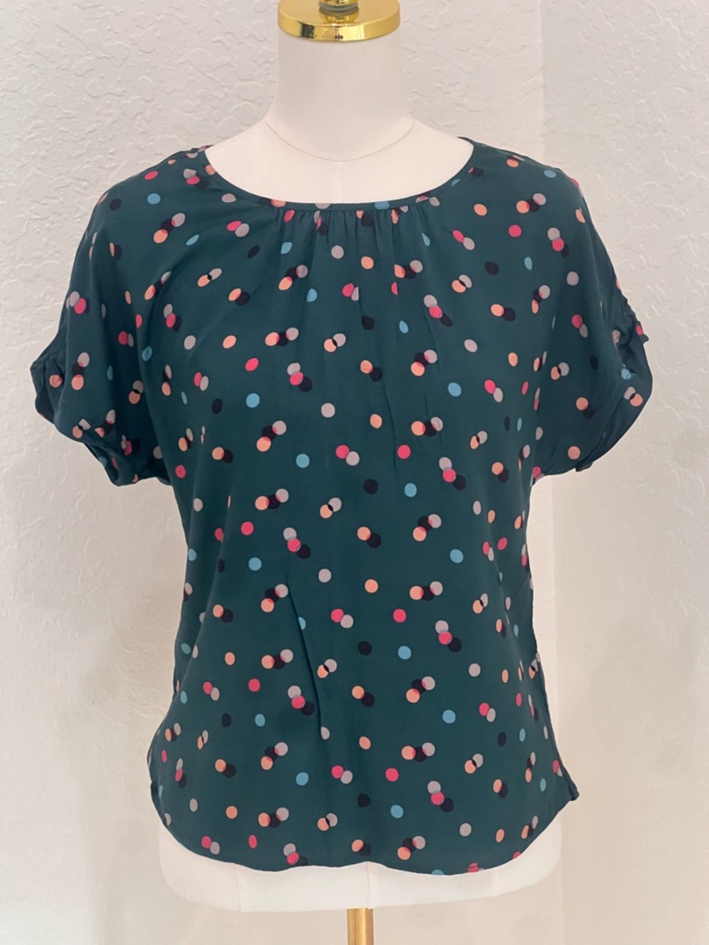 Women’s Dark Teal Polka Dot Short Sleeve Blouse